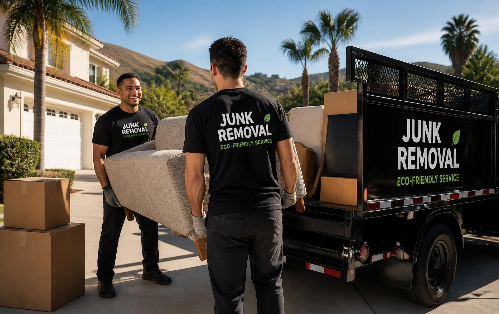 Simply Vanish junk removal crew loading a couch into a hauling trailer in Vallejo CA